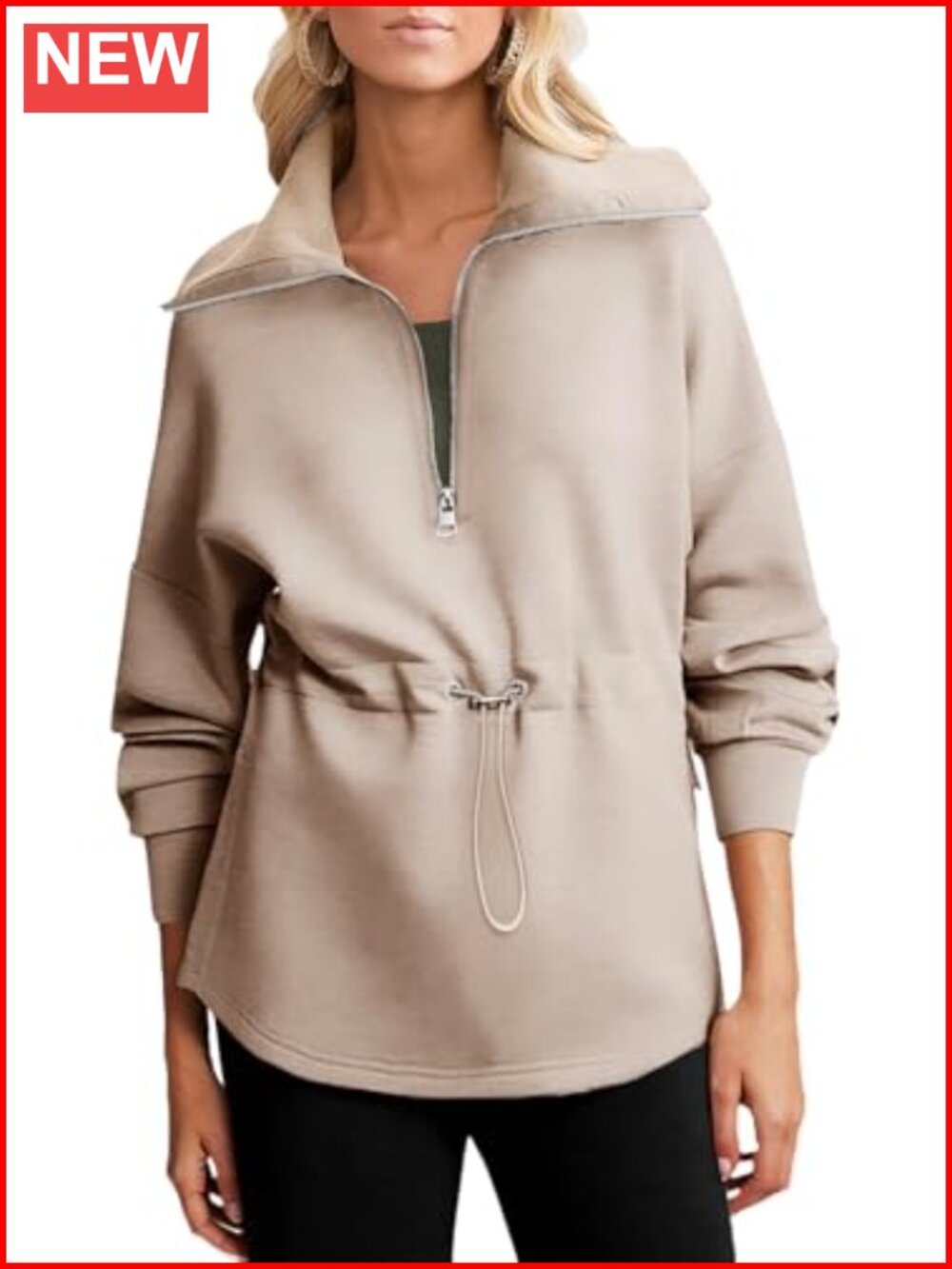 Oversized Half Zip Drawstring Waist Sweatshirt Slit Pullover